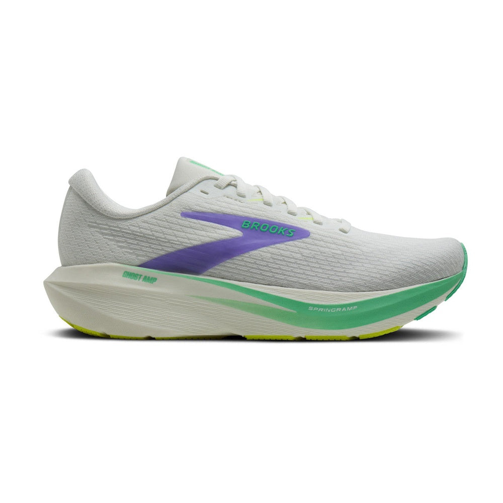 Brooks Ghost Amp Women's running shoe in grey and paradise green colorway, side view