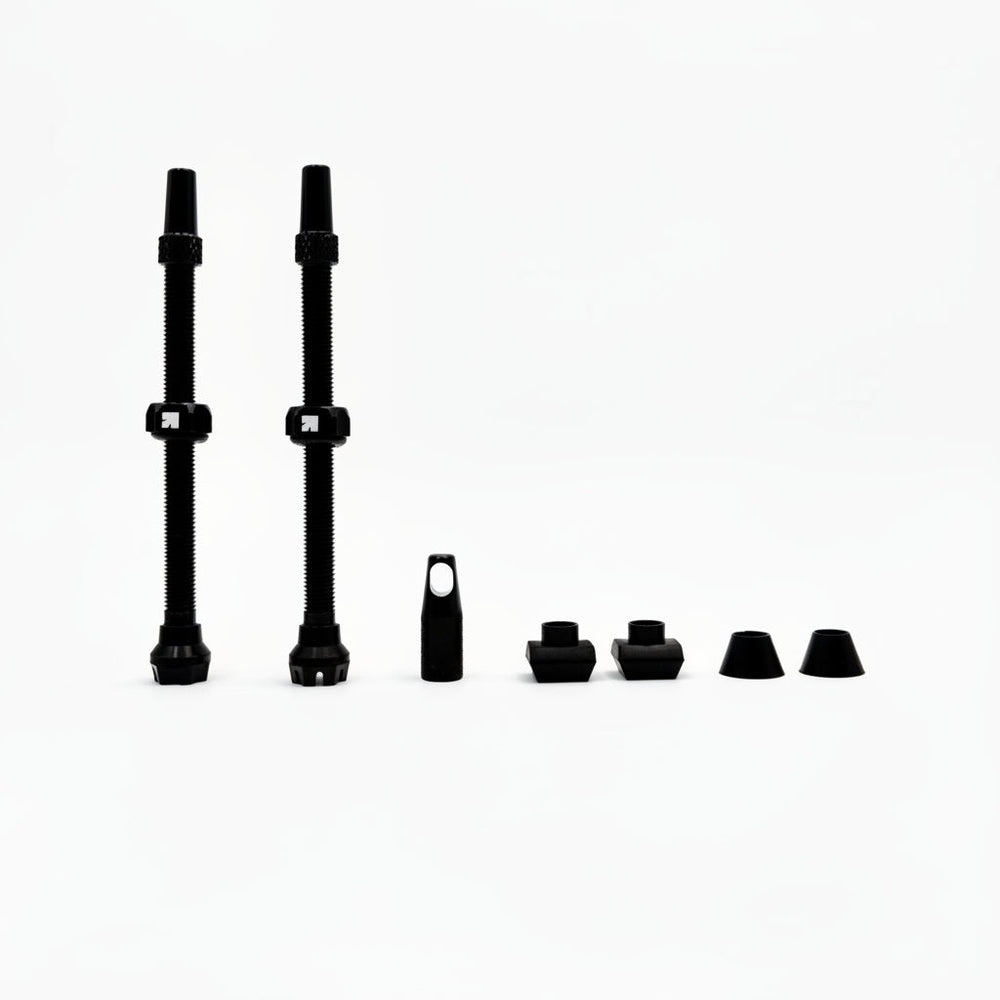 Hi Line Components Gem Tubeless Valve Stems 80mm in black with accessories laid out