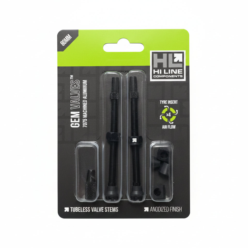 Hi Line Components Gem Valves 80mm tubeless valve stems in black retail packaging