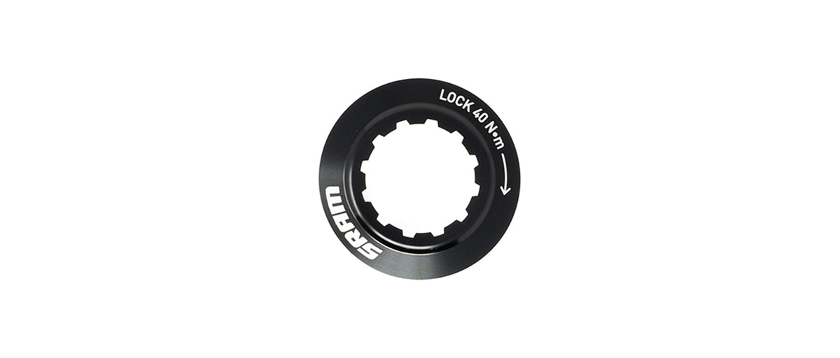 SRAM centerlock disc brake rotor lockring in black aluminum with 40 Nm torque specification