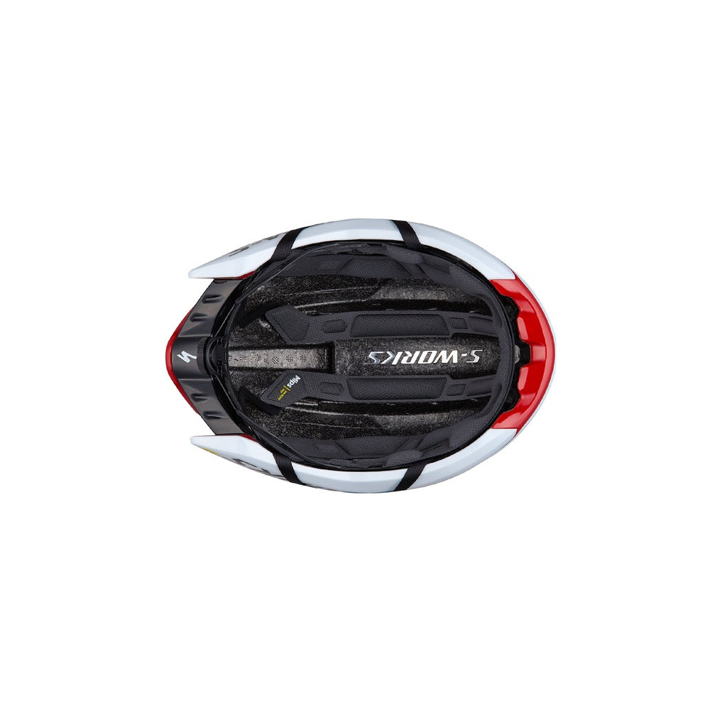 Specialized S-Works Evade cycling helmet interior view showing white red exterior black padding