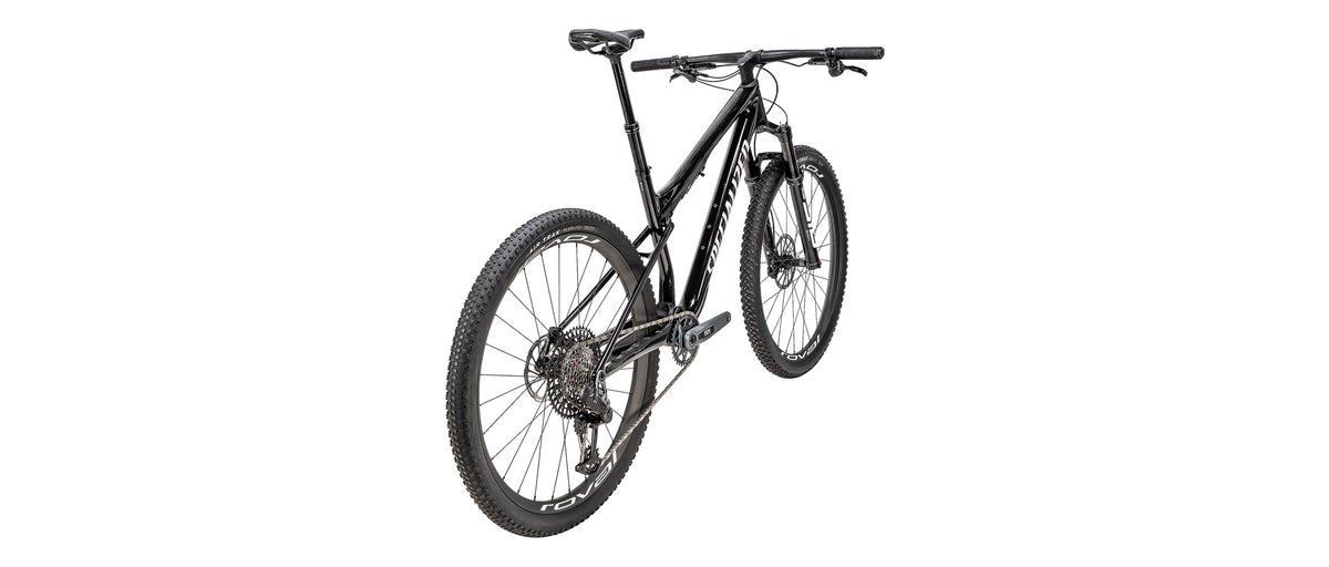 Specialized Epic 9 Expert full-suspension mountain bike in gloss black, rear three-quarter view