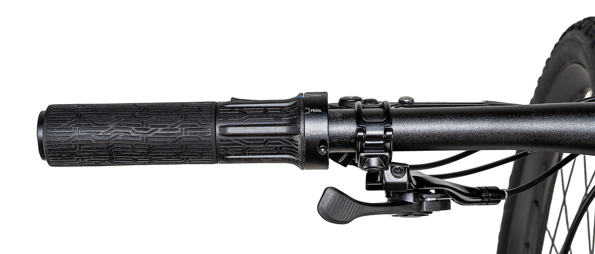 Close-up of Specialized Epic 9 Expert handlebar grip with RockShox suspension lockout lever on black mountain bike