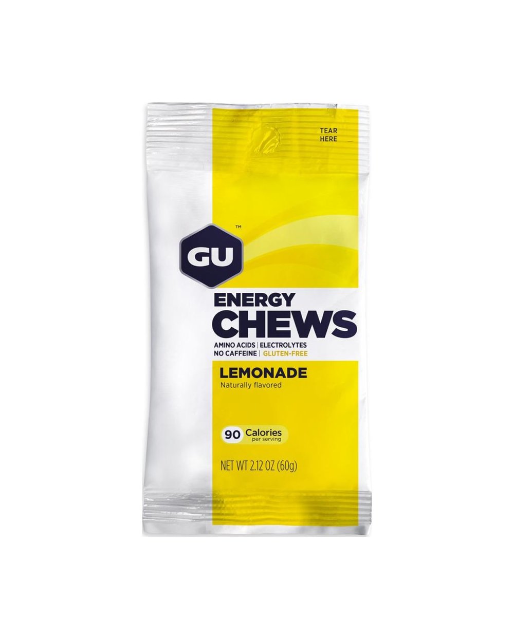 GU Energy Chews Lemonade 60g packet isolated on plain white background