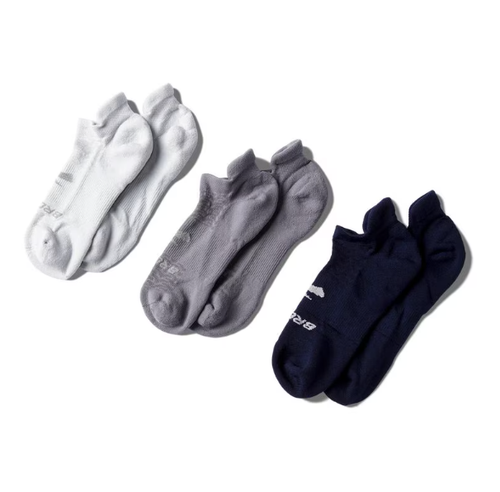 Brooks Run-In No Show 3-Pack socks in white, gray, and navy blue