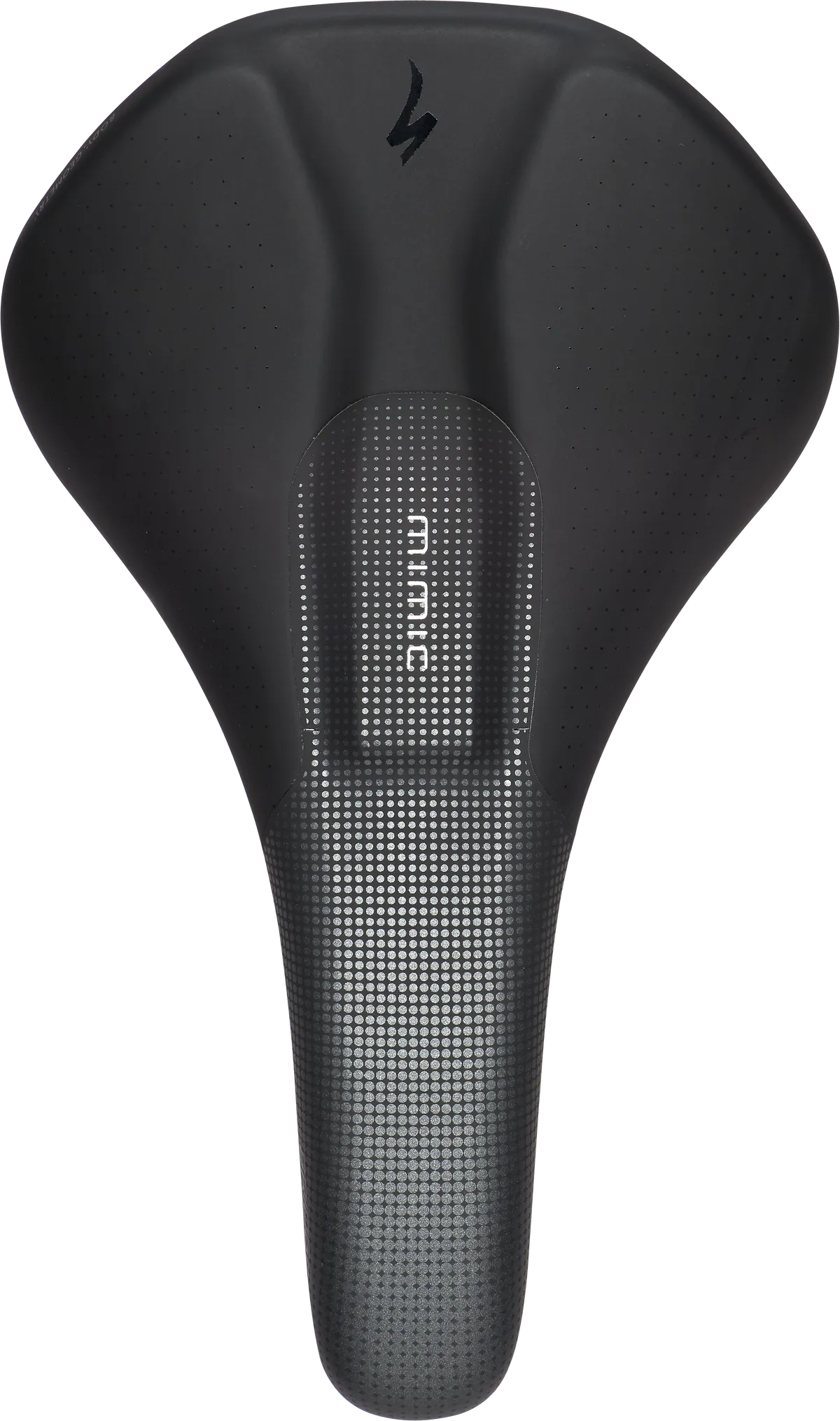 Specialized Bridge Comp MIMIC saddle top-down view showing S-Works logo and MIMIC branding on nose