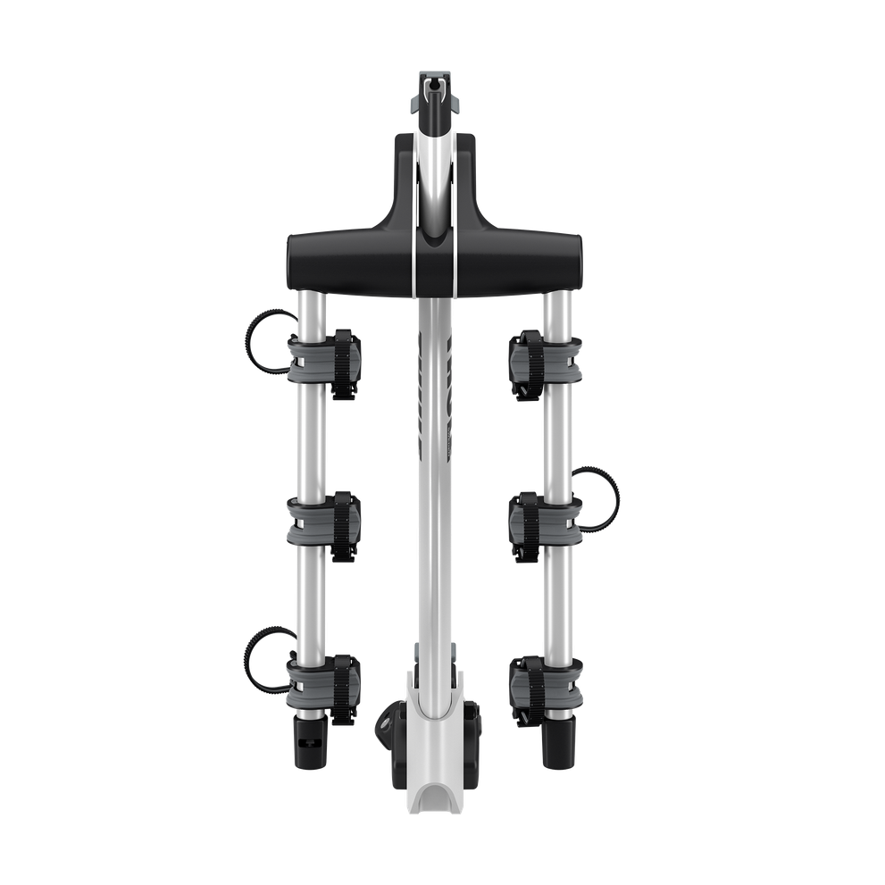 Thule Helium Pro 3 Bike Hitch Rack in silver aluminum with black clamps, front view