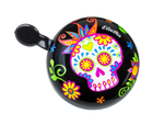 Electra bicycle bell with colorful sugar skull design on black background