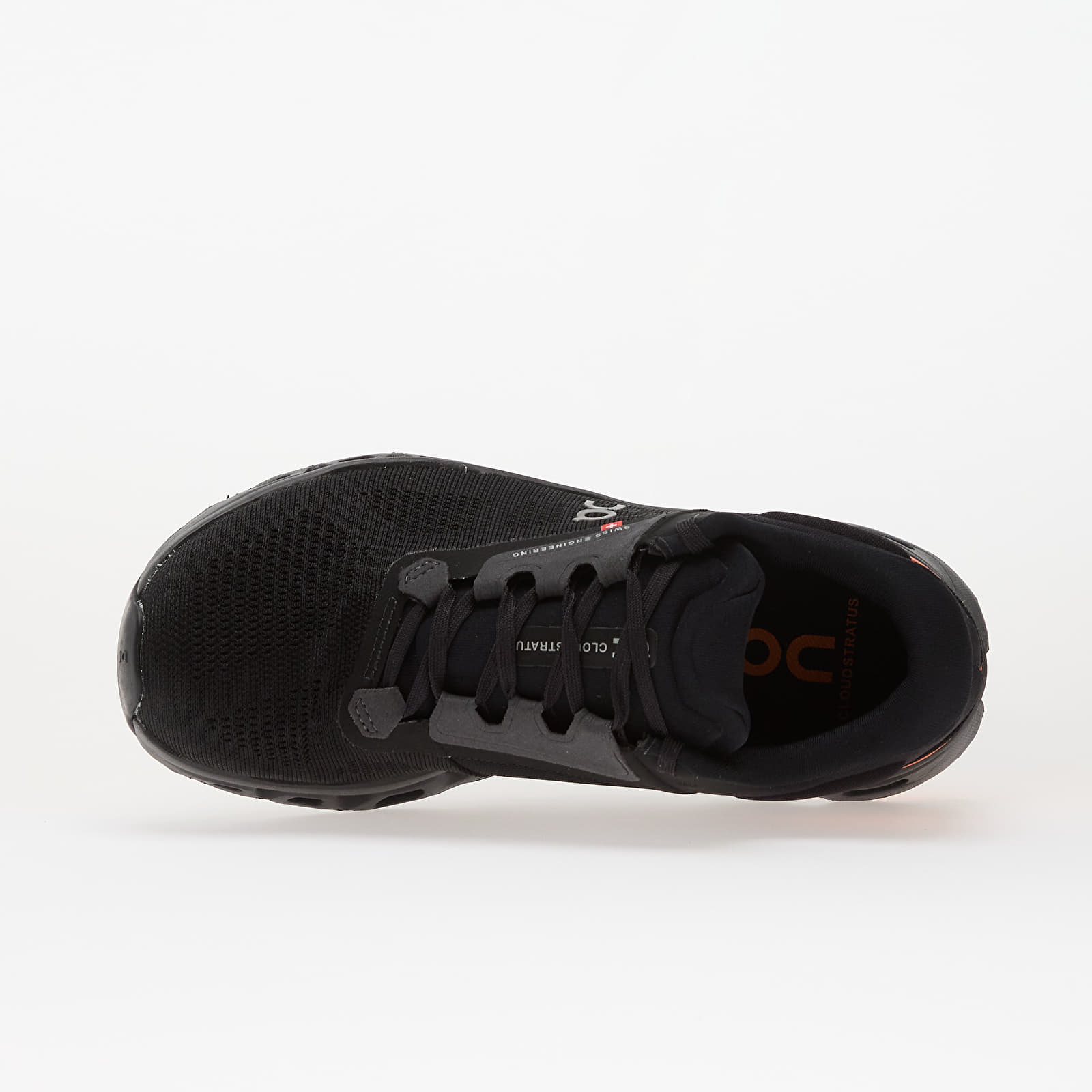 On Cloudstratus 3 running shoe in black with flame accents, top-down view