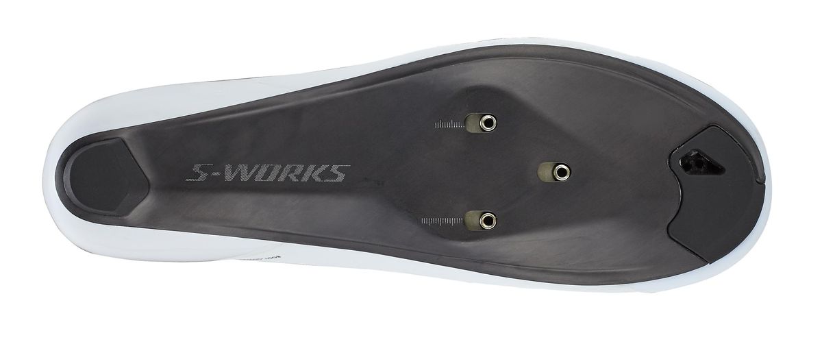 Specialized S-Works cycling shoe sole in white showing cleat mounting points