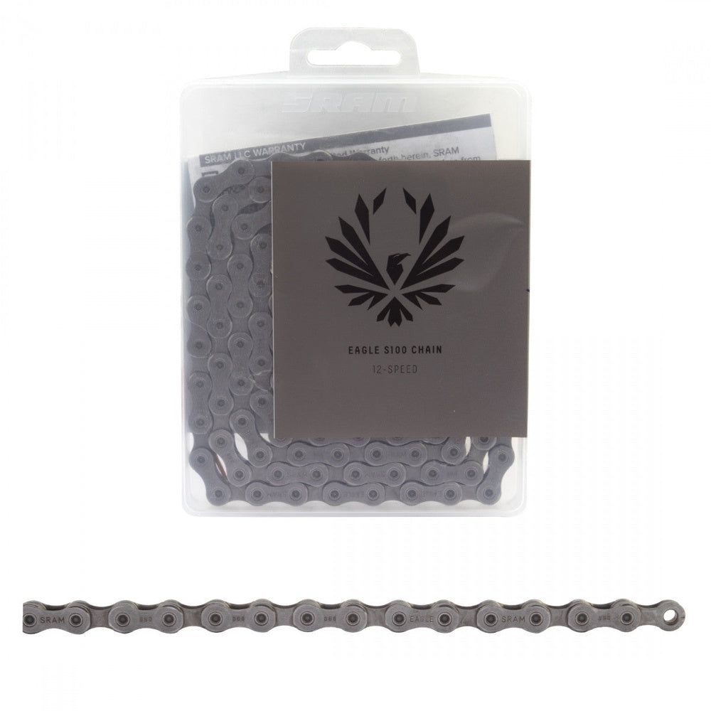 SRAM Eagle S100 12-Speed bicycle chain in silver gray shown in packaging and unboxed