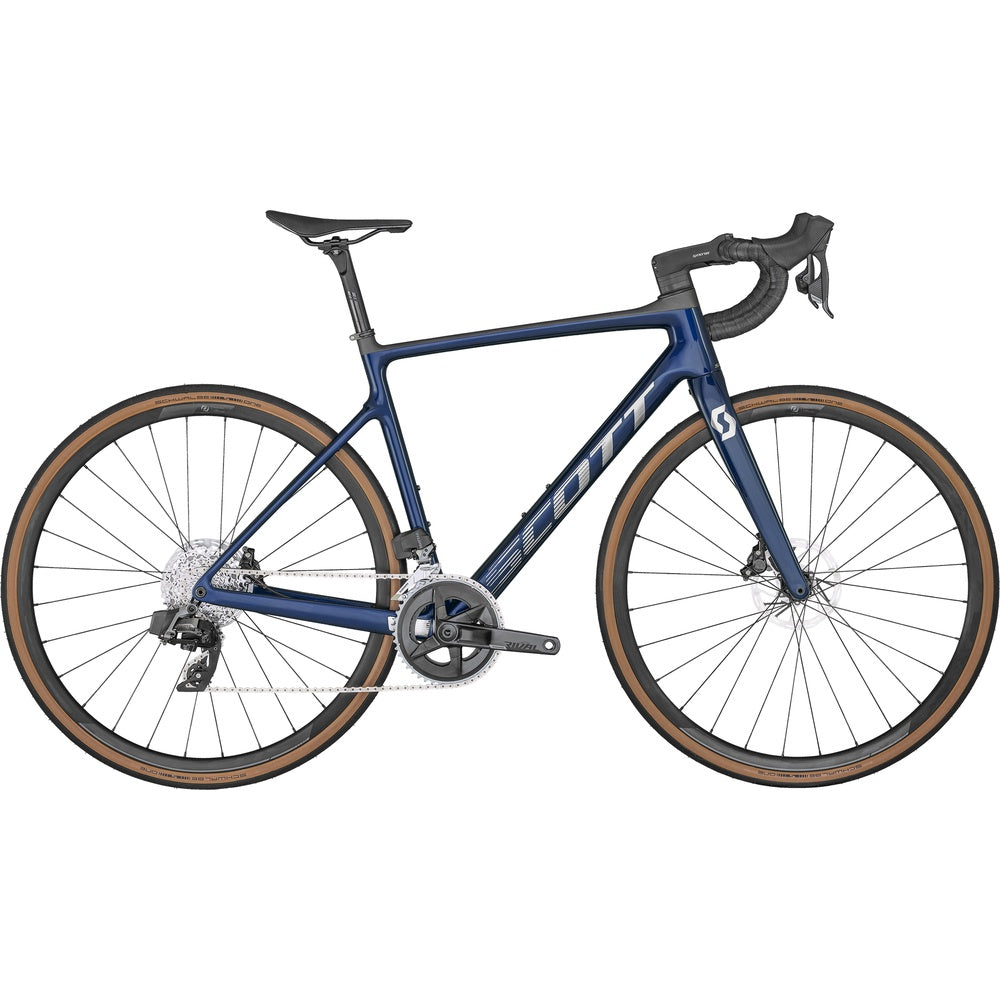 Scott Addict road bike in navy blue with drop handlebars and disc brakes