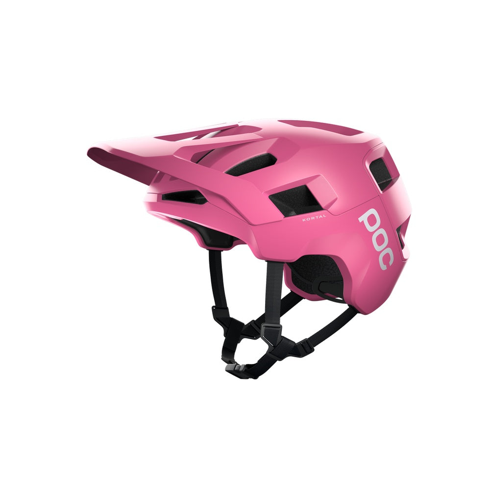 POC Kortal mountain bike helmet in actinium pink matte finish with visor
