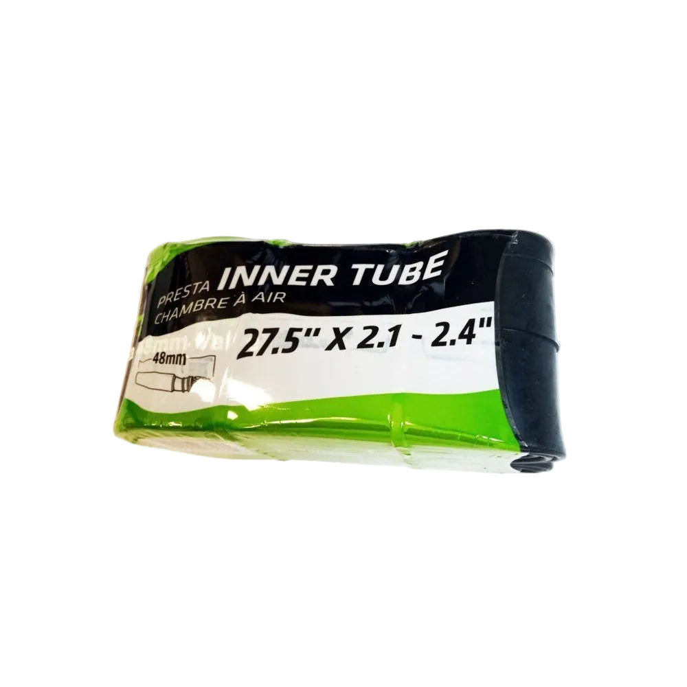 Bicycle inner tube in black and green packaging for 27.5 inch tires