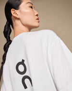 Close-up detail of On Running Club-T white t-shirt back showing large On logo print