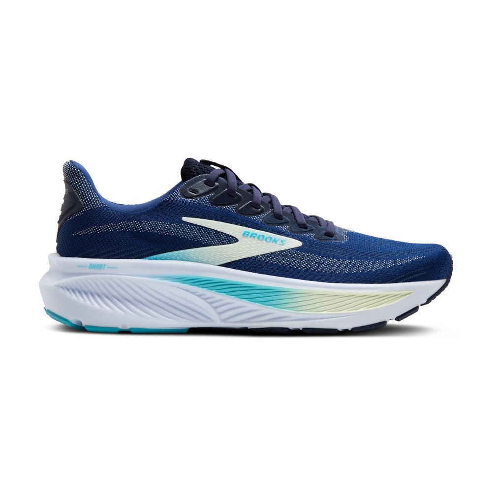 Brooks Ghost 17 women's running shoe in navy, turquoise, and mint green colorway