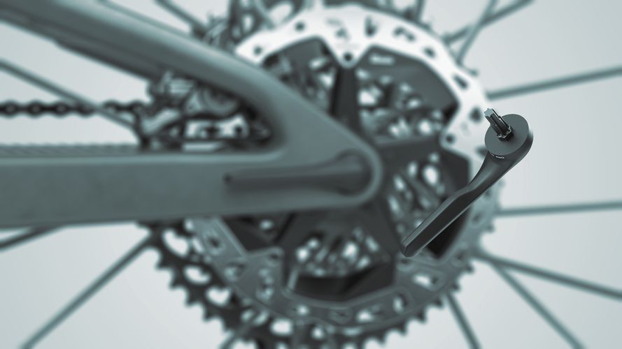 Close-up of Scott Spark RC World Cup bike rear cassette and derailleur in Winkle Green