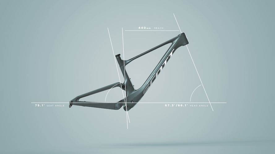 Scott Spark RC World Cup carbon mountain bike frame with geometry annotations on neutral background