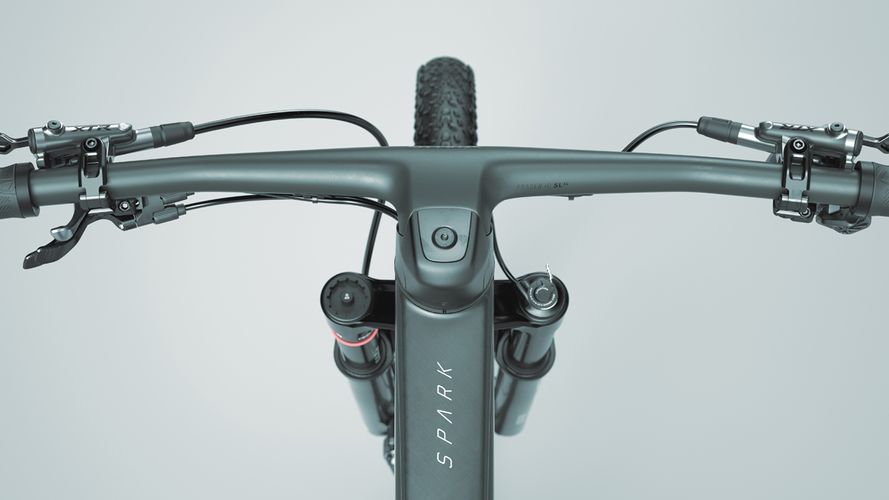 Scott Spark RC World Cup carbon mountain bike handlebar and front frame detail in matte black