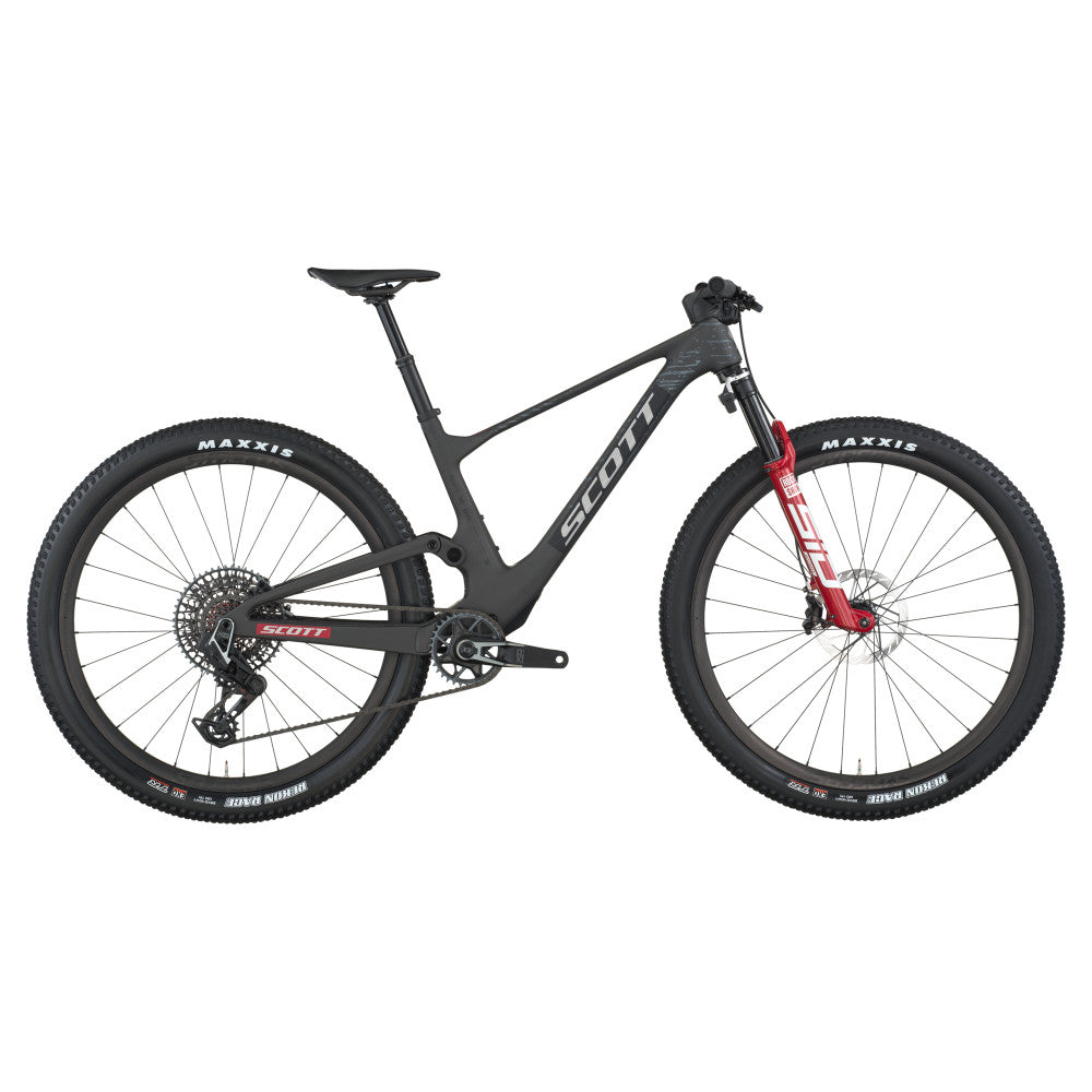 Scott Spark RC World Cup full-suspension mountain bike in matte carbon black with red RockShox fork