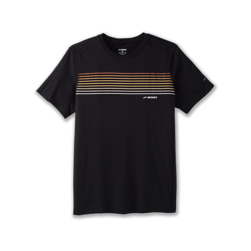 Brooks Distance Short Sleeve men's black t-shirt with orange gradient stripe pattern