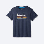 Brooks Distance Short Sleeve 2.0 t-shirt in heather navy with retro multicolor stripe graphic