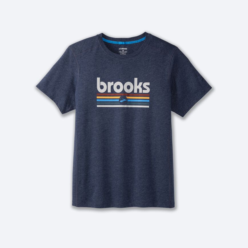 Brooks Distance Short Sleeve 2.0 t-shirt in heather navy with retro multicolor stripe graphic