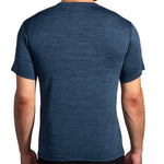 Brooks Luxe Short Sleeve shirt in heather blue slate shown from back on male model