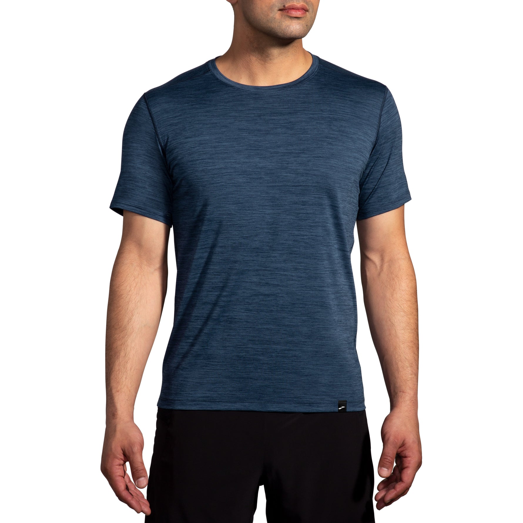 Brooks Luxe short sleeve running shirt in heathered blue slate on male model