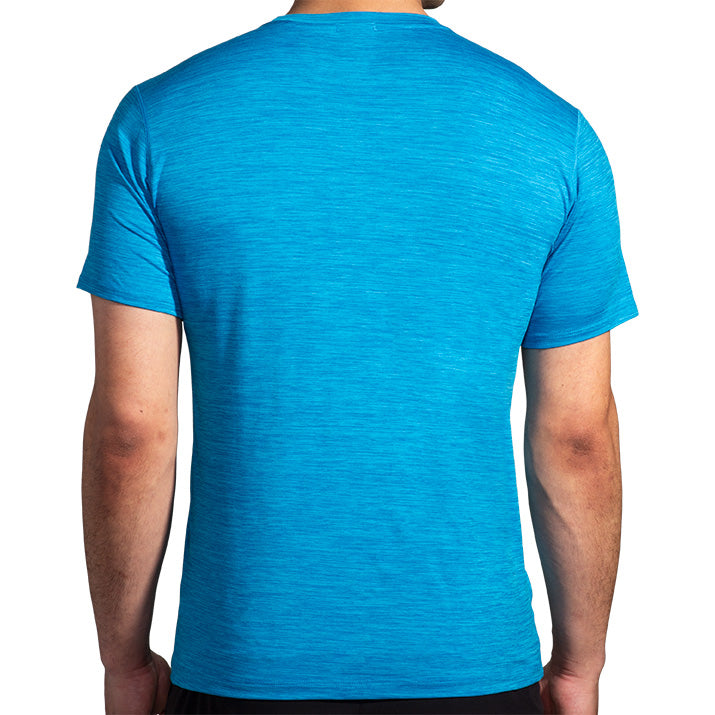 Brooks Luxe Short Sleeve men's running shirt in HTR Cerulean, rear view on male model