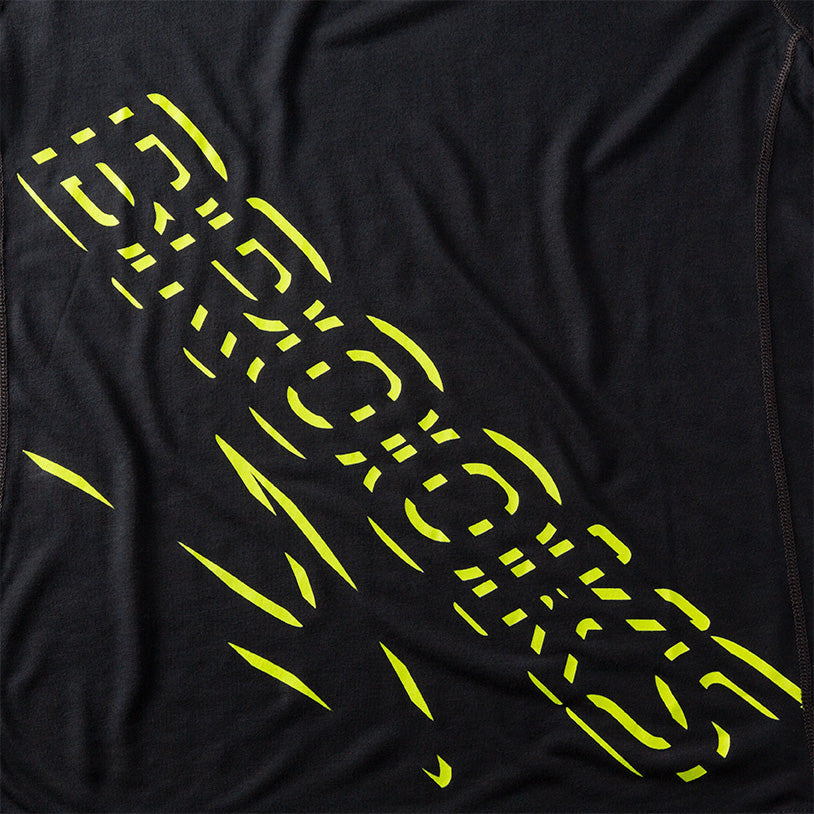 Brooks Distance Short Sleeve 3.0 Men's shirt in black with neon yellow stacked logo graphic