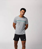 Man wearing Brooks Distance Short Sleeve 3.0 in heathered ash gray with gradient stripe