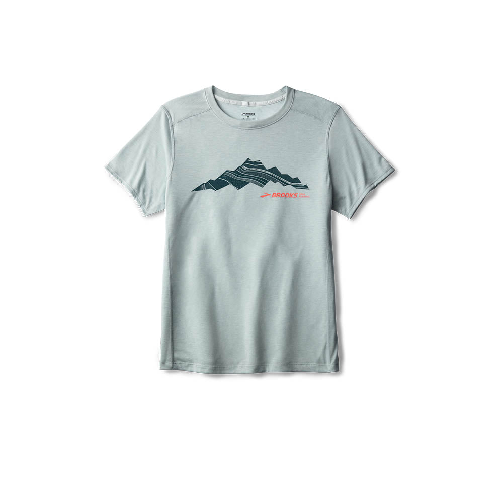 Brooks Distance Short Sleeve 3.0 men's tee in HTR Ash with mountain graphic print