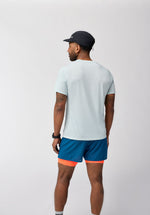 Male model wearing Brooks Distance Short Sleeve 3.0 in HTR Ash, rear view