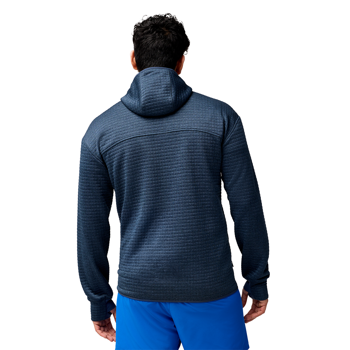 Brooks Activate Midweight Hoodie in heathered storm blue, back view on male model
