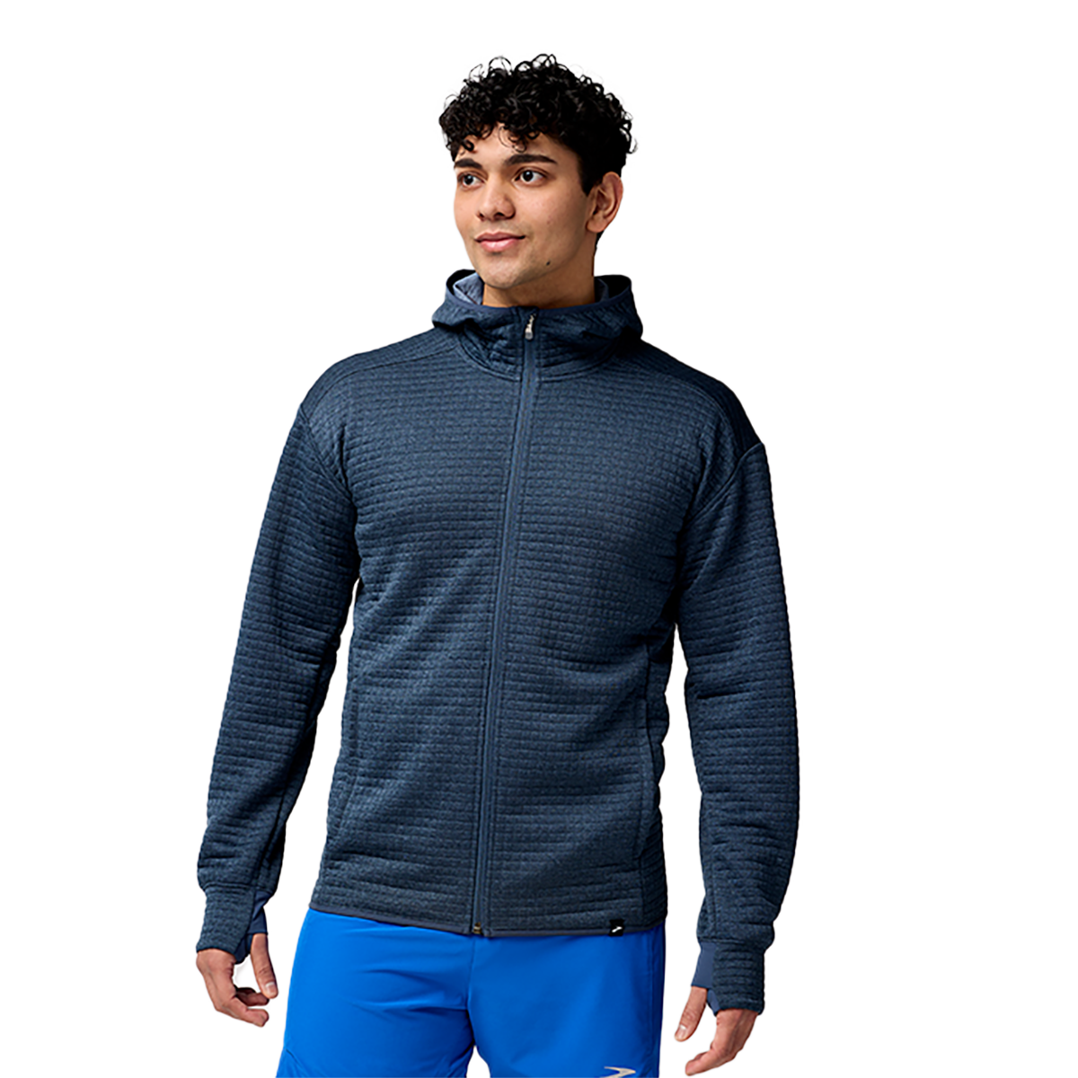 Man wearing Brooks navy heathered zip-up hoodie with blue shorts on white background
