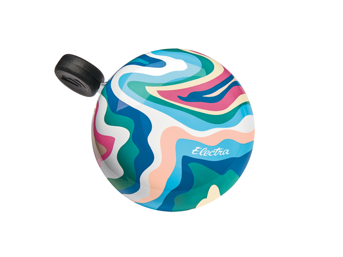 Electra bicycle bell with colorful swirl pattern in blues, greens, and pink waves