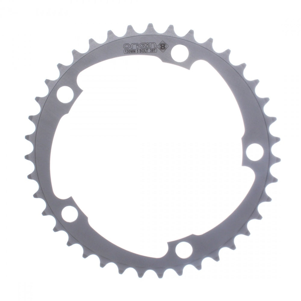 Origin8 130mm 5-bolt 39T silver bicycle chainring on white background