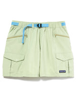 Patagonia Women's Outdoor Everyday Shorts in light sage green with blue belt and cargo pockets