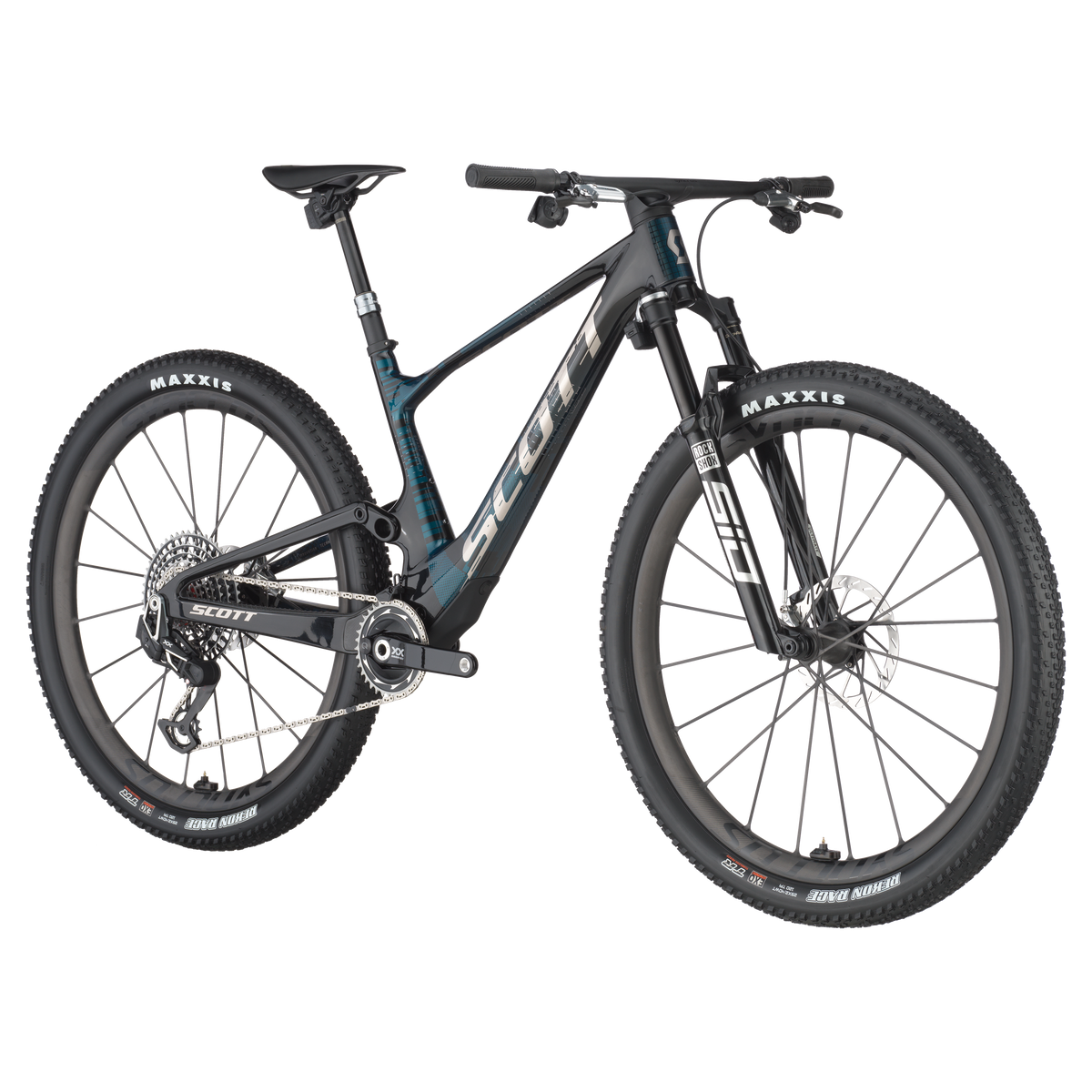 Scott Spark RC SL full-suspension mountain bike in dark carbon with teal accents on white background