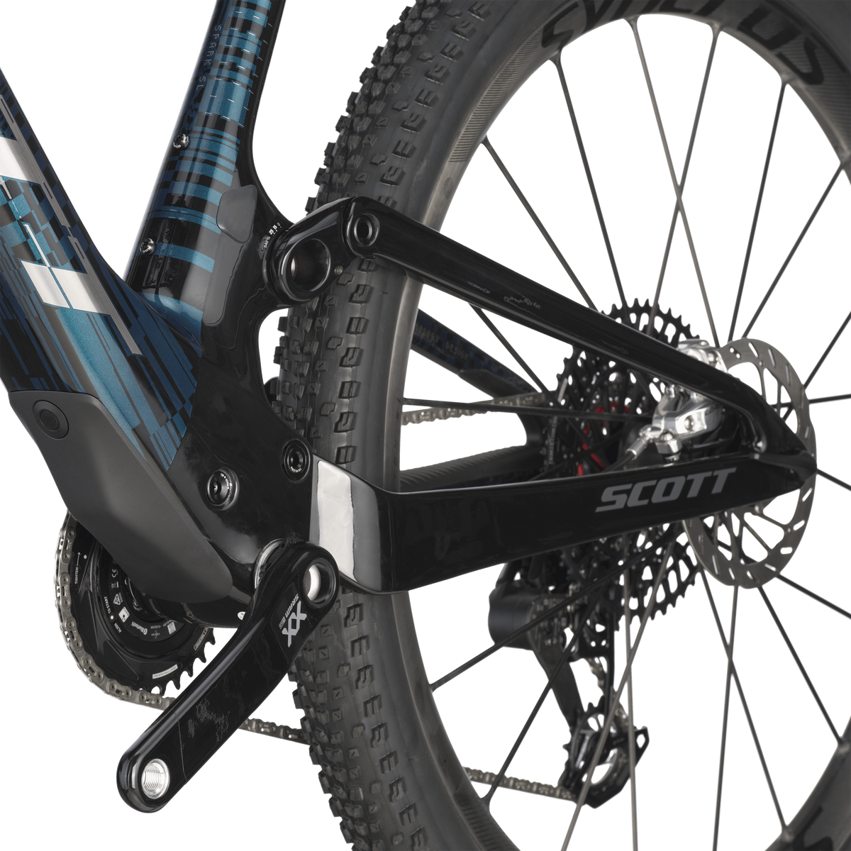 Scott Spark RC SL mountain bike rear drivetrain detail showing SRAM XX components and carbon frame