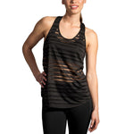Woman wearing Brooks Hot Shot Tank in black with sheer striped details