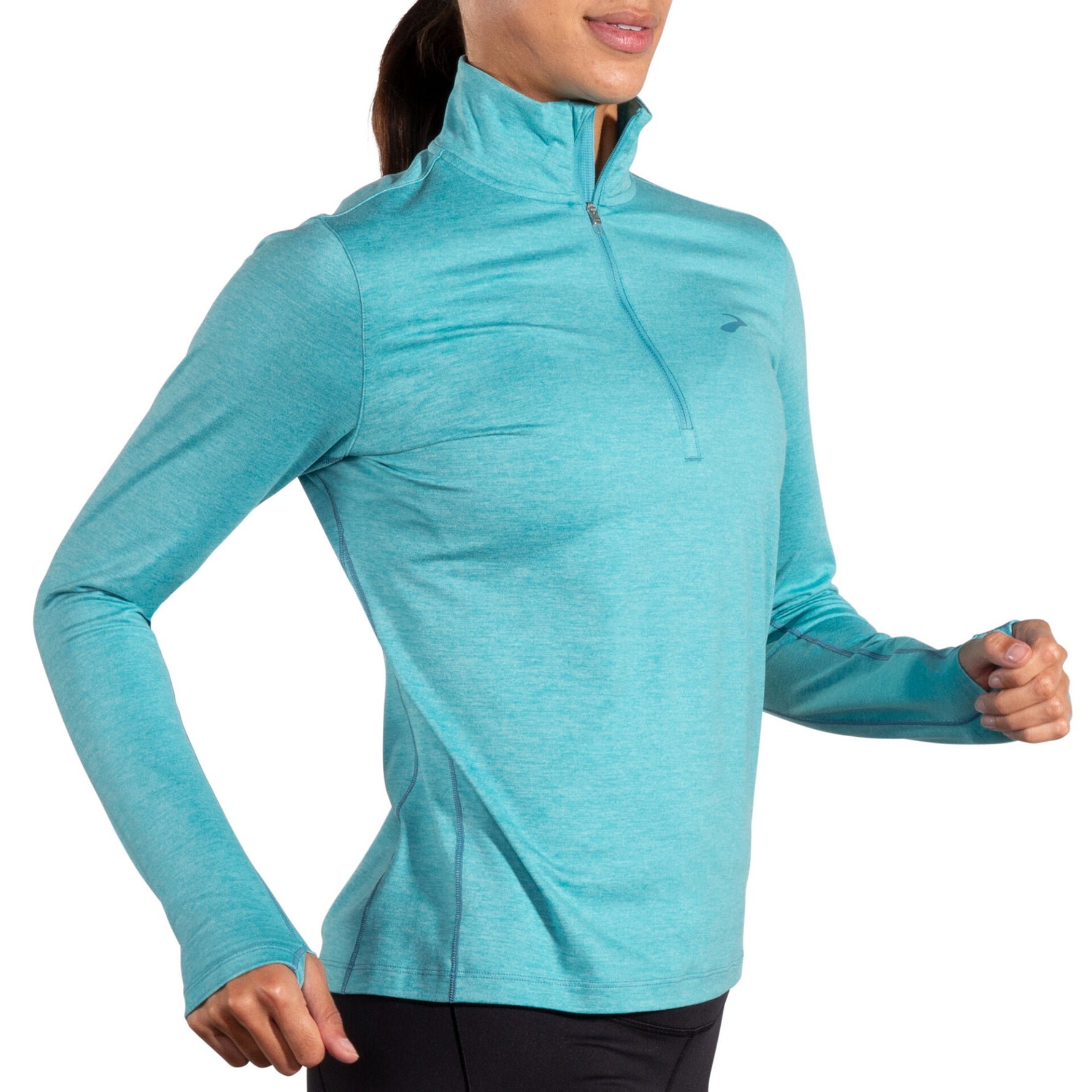Brooks Dash 1/2 Zip 2.0 women's running pullover in heathered aqua teal color
