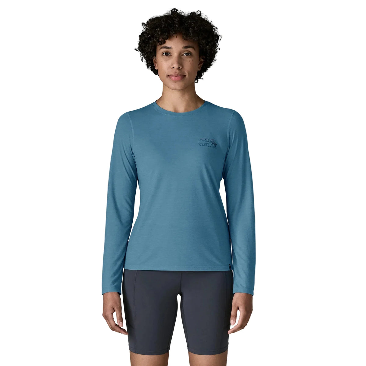 Patagonia Long-Sleeved Capilene Cool Trail Shirt in Shore Blue, front view on model