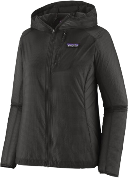 Patagonia Houdini Jacket in black, front view showing full zip and logo patch