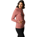Woman wearing Fox Racing cranberry pullover fleece hoodie with front pocket