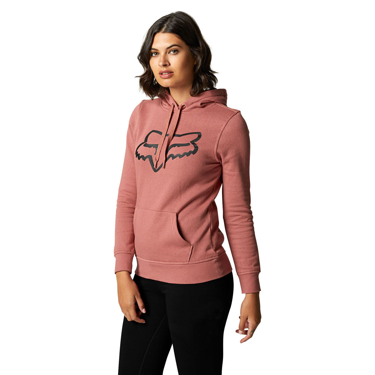 Woman wearing Fox Racing cranberry pullover hoodie with black Fox logo