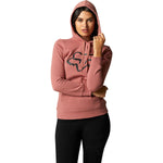Woman wearing Fox Racing rose pink pullover fleece hoodie with fox logo