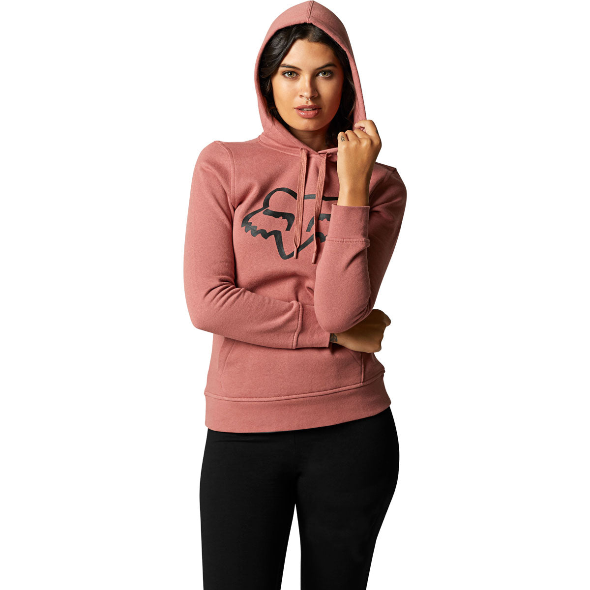 Woman wearing Fox Racing cranberry pullover hoodie with fox logo on chest