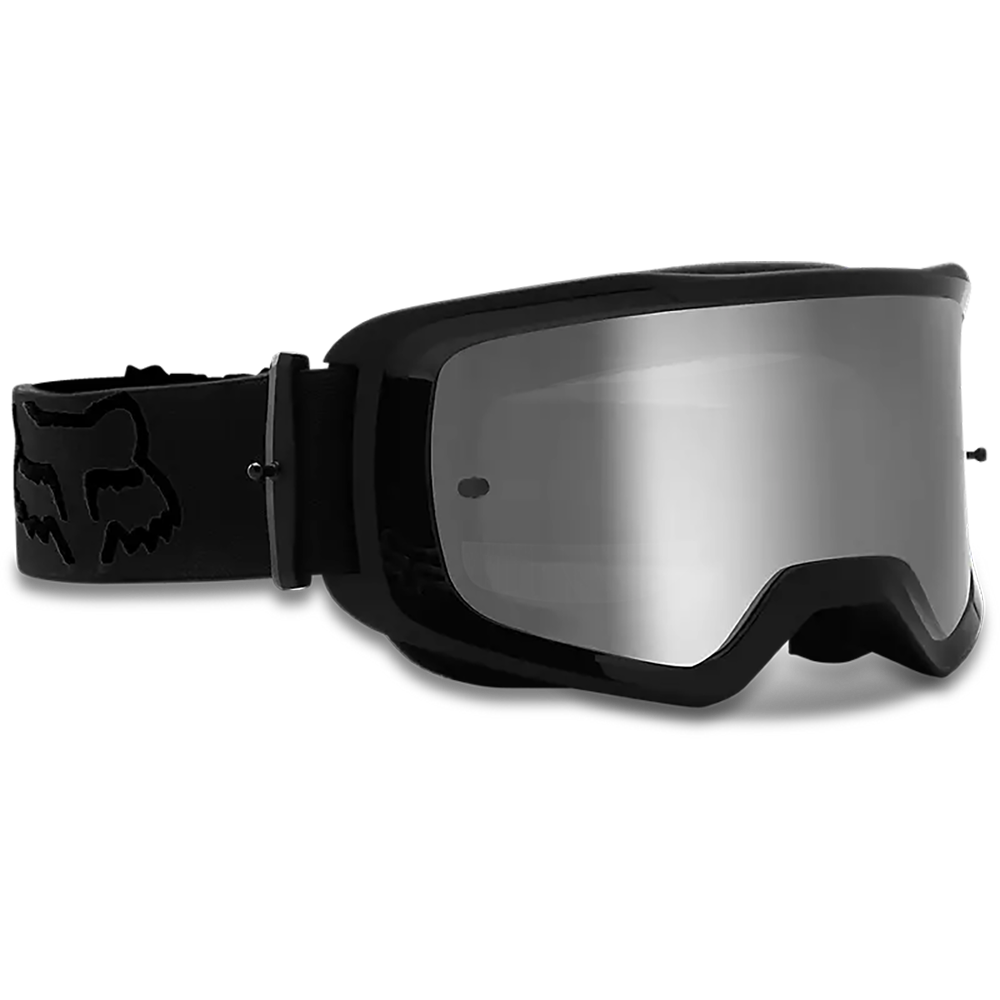 Fox Main Stray Goggle in black with mirrored silver lens, side angle view